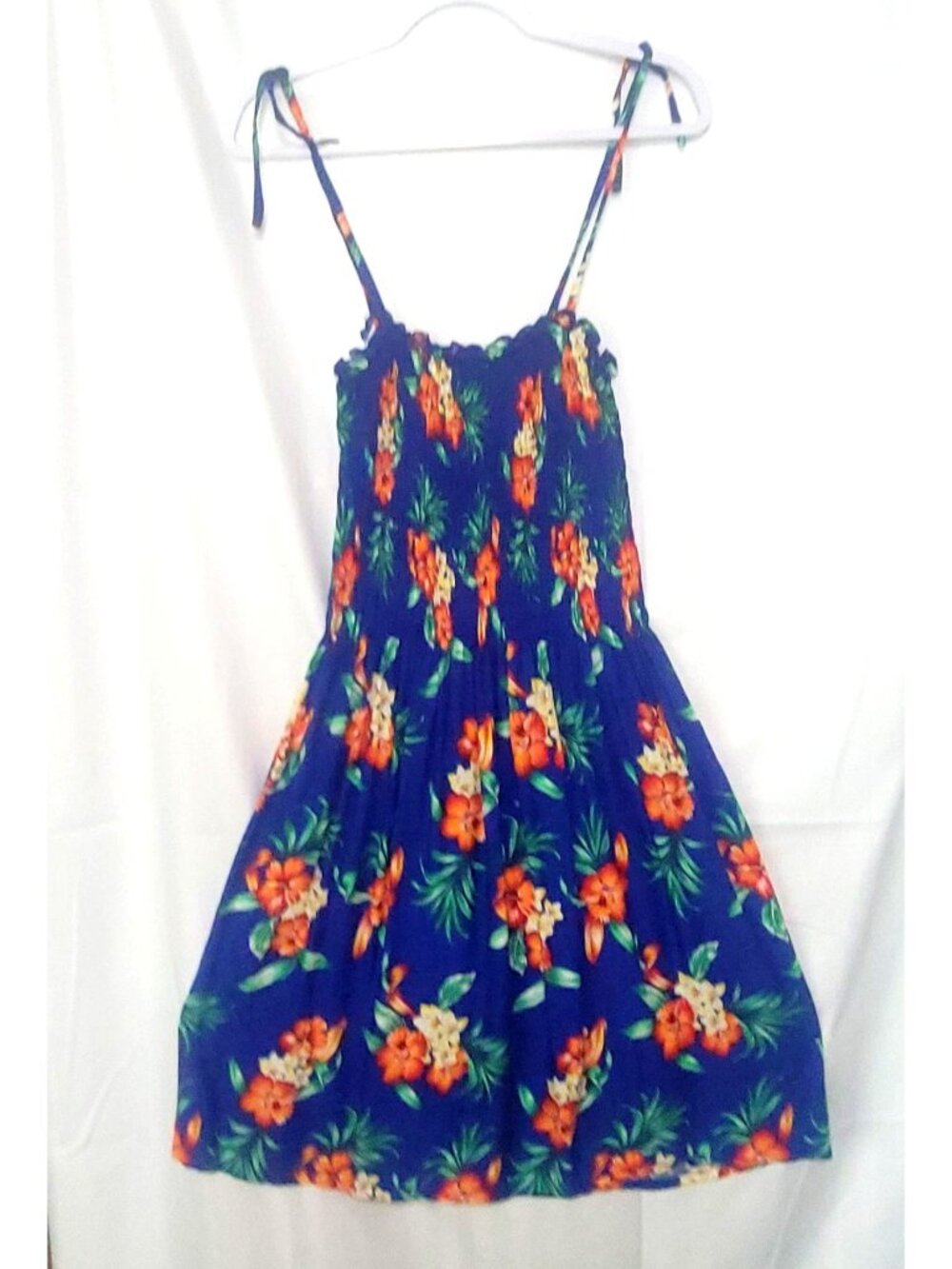 Hibiscus Collection Hawaii Floral Sundress Small Rayon Blue & Orange Tropical